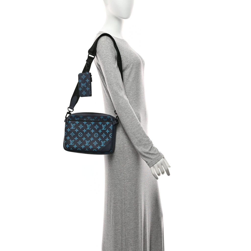 Louis Vuitton Calfskin Monogram Shadow Trio Messenger Navy River Blue