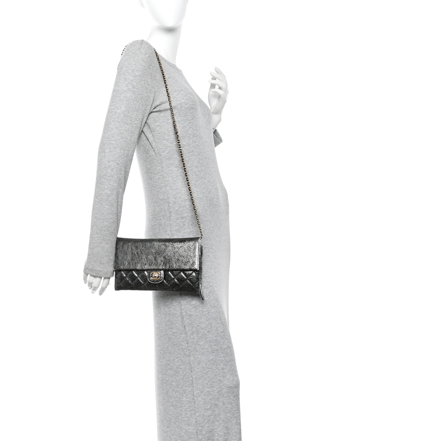 Chanel Cracked Metallic Calfskin Quilted Zip Away Chain Clutch Dark Silver