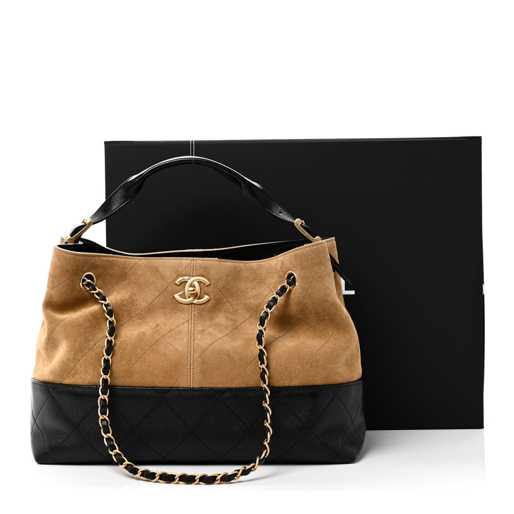 Chanel Suede Calfskin Shiny Lambskin Quilted Small Coco Base Shopping Bag Beige Black