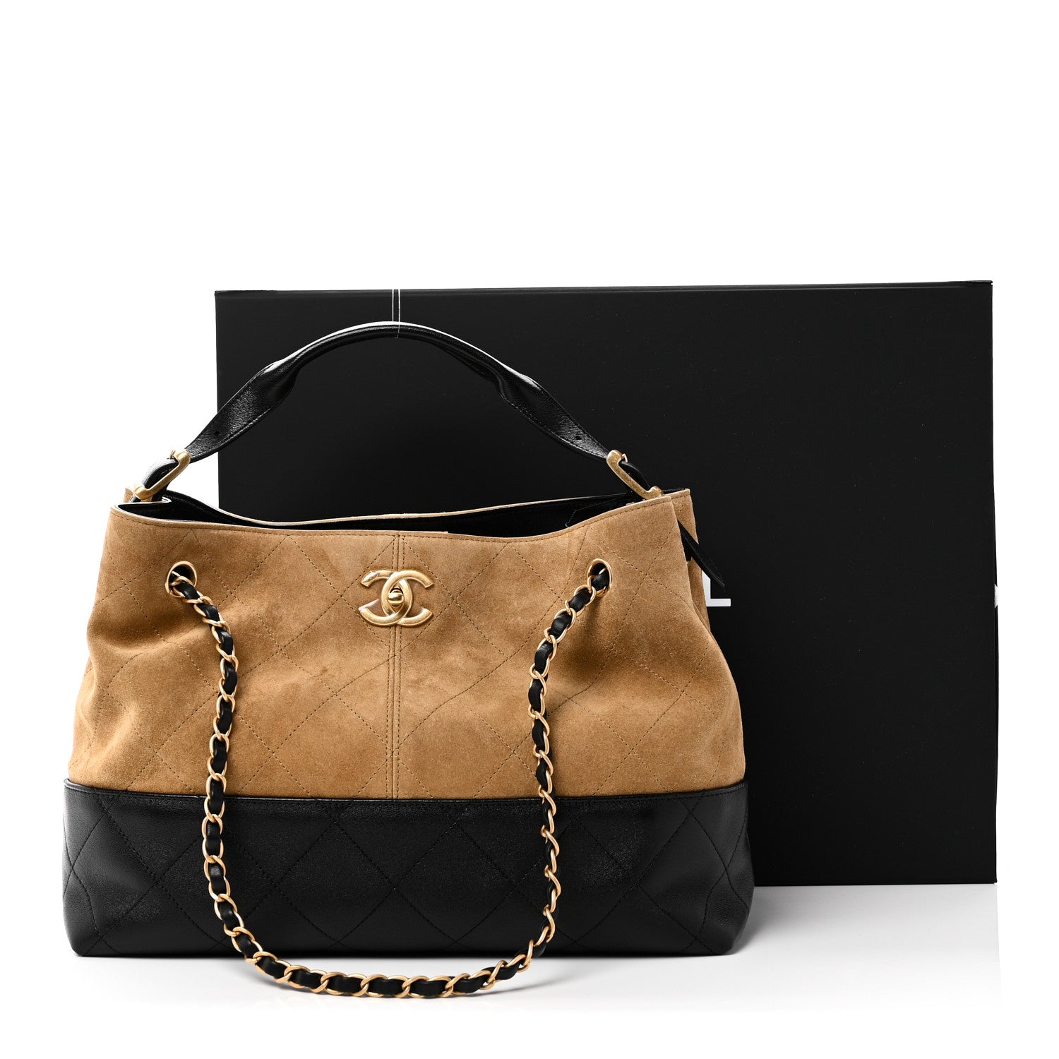 Chanel Suede Calfskin Shiny Lambskin Quilted Small Coco Base Shopping Bag Beige Black