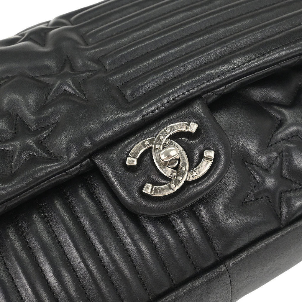 Chanel 2014 Black Lambskin Paris Dallas Stars and Stripes Flap Shoulder Bag