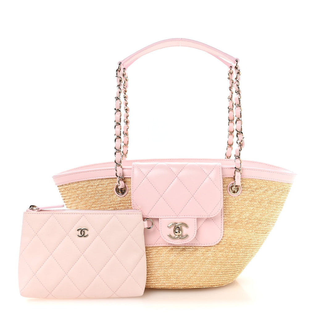 Chanel Raffia Lambskin Small Wicker Tote Beige Light Pink