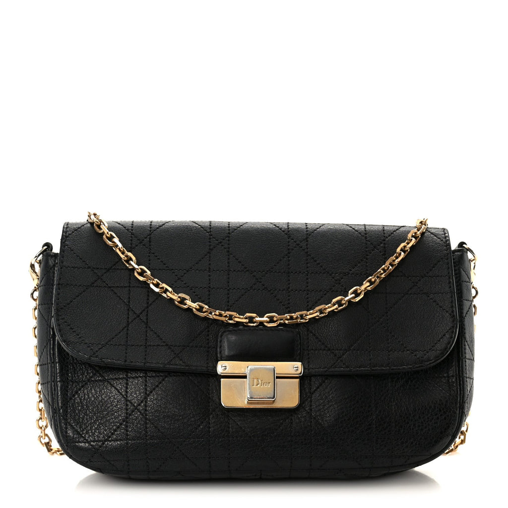 Christian Dior Grained Calfskin Cannage Diorling Wallet On Chain Black