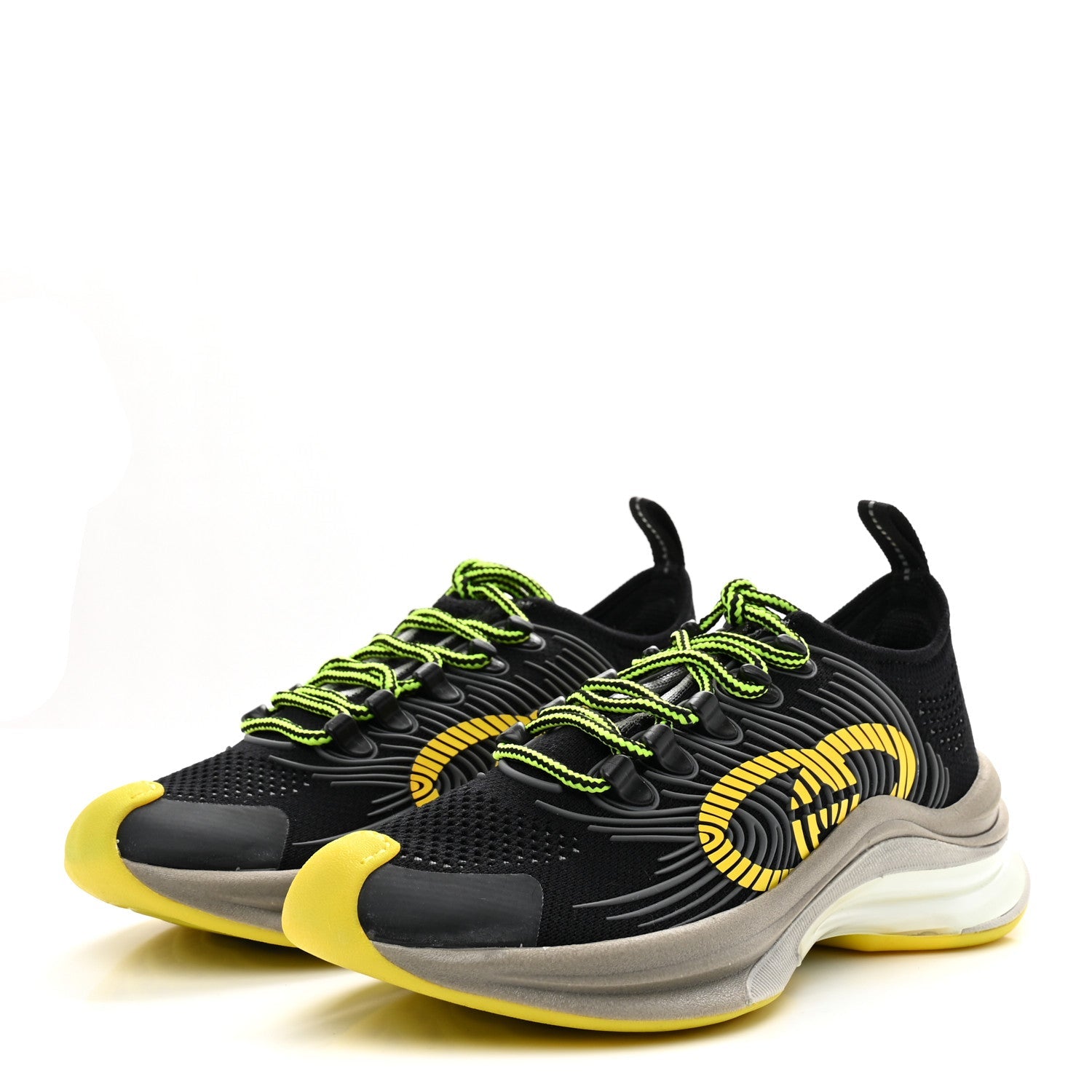 Gucci Technical Knit Fabric Waves Womens Gucci Run Sneakers 35.5 Black Silver Giallo Neon Yellow