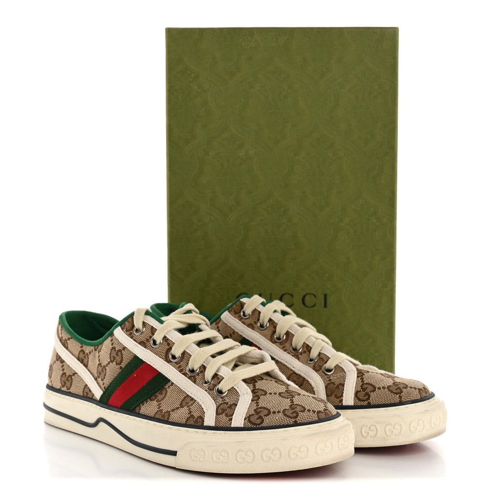 Gucci GG Monogram Web Womens 1977 Tennis Sneakers 40 Beige Ebony Mystic White
