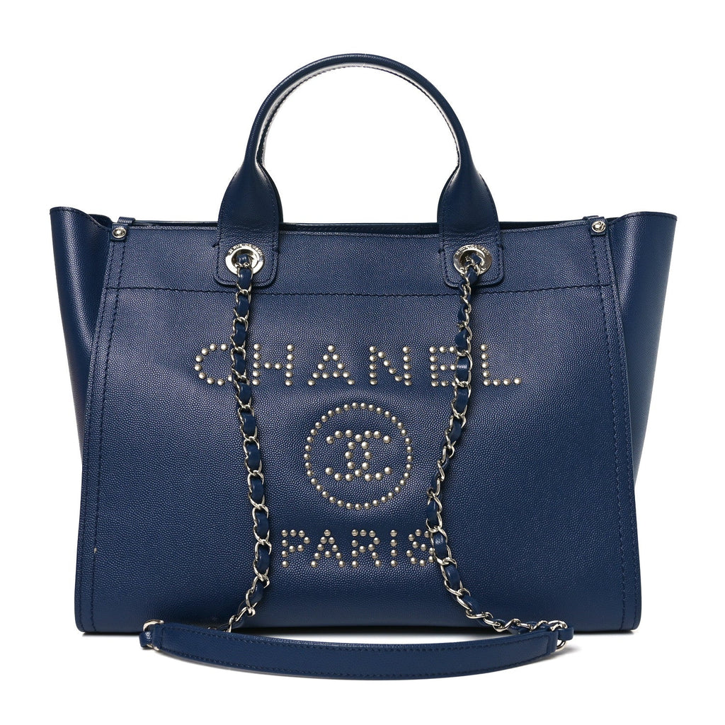 Chanel Caviar Small Studded Deauville Tote Navy