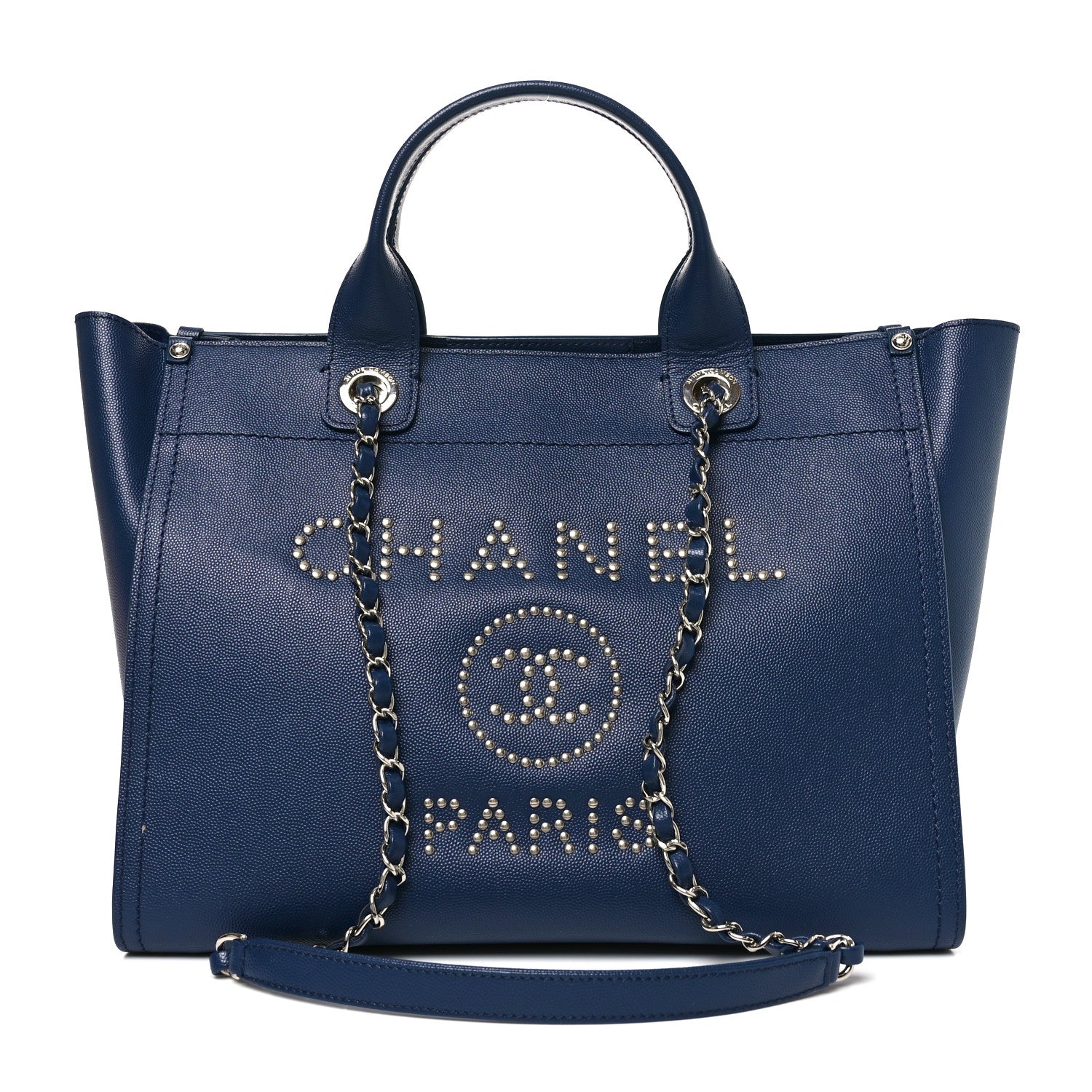 Chanel Caviar Small Studded Deauville Tote Navy