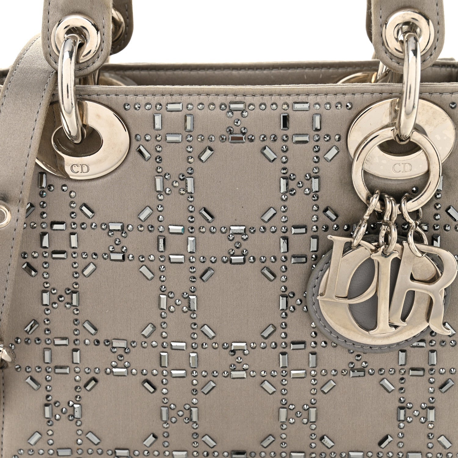 Christian Dior Satin Crystal Cannage Mini Lady Dior Gray