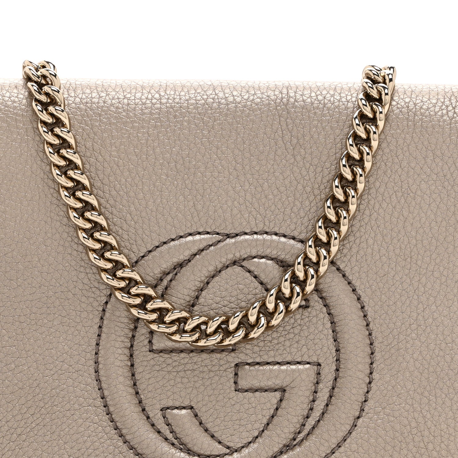 Gucci Metallic Pebbled Calfskin Medium Soho Flap Crossbody Golden Beige