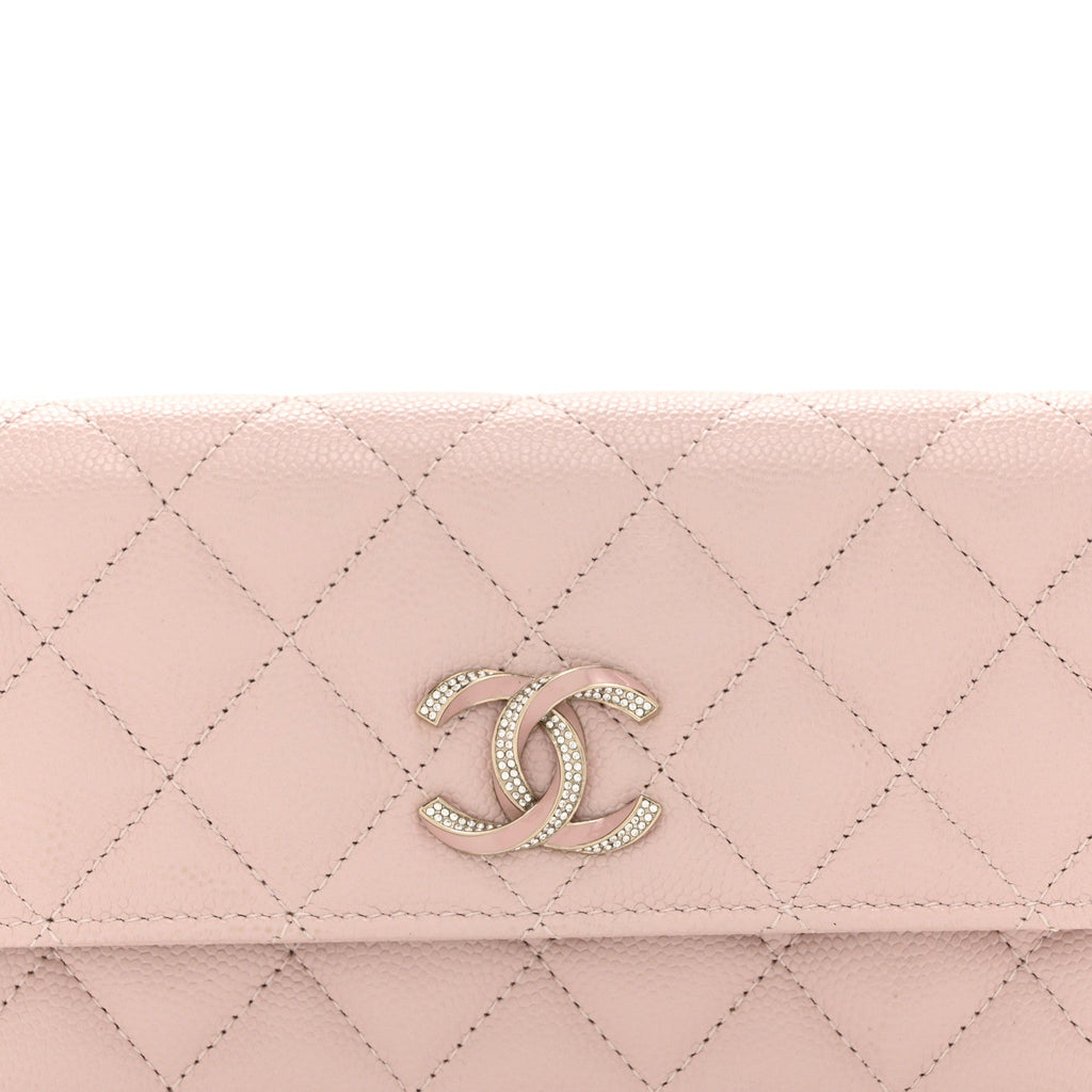 Caviar Quilted Enamel Crystal CC Flap Wallet Light Pink