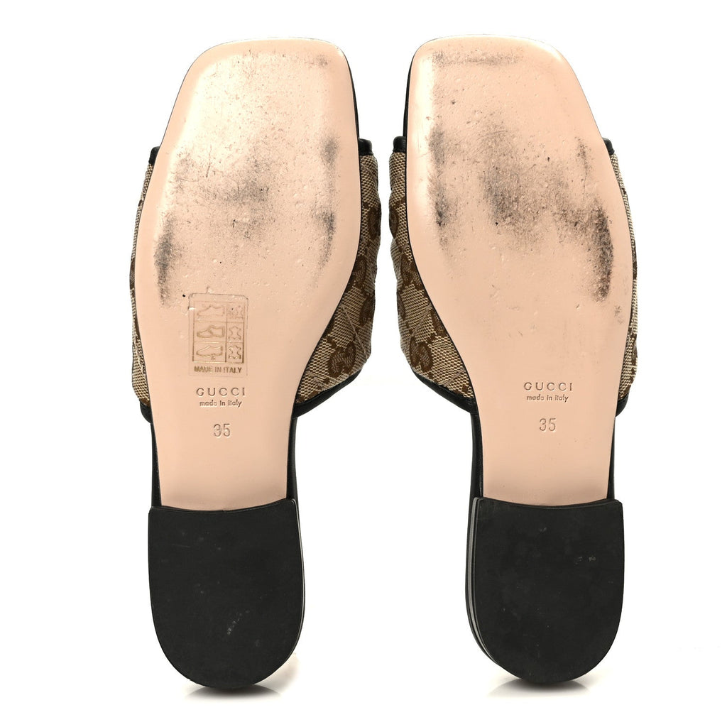 Gucci Monogram Matelasse Diagonal GG Marmont Flat Slide Sandals 35 Beige Ebony Black
