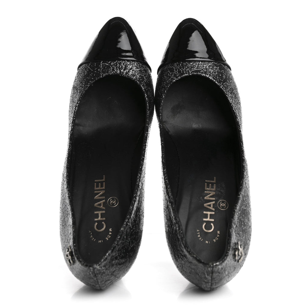 Metallic Crackled Calfskin Patent Cap Toe Pumps 41 Silver Black