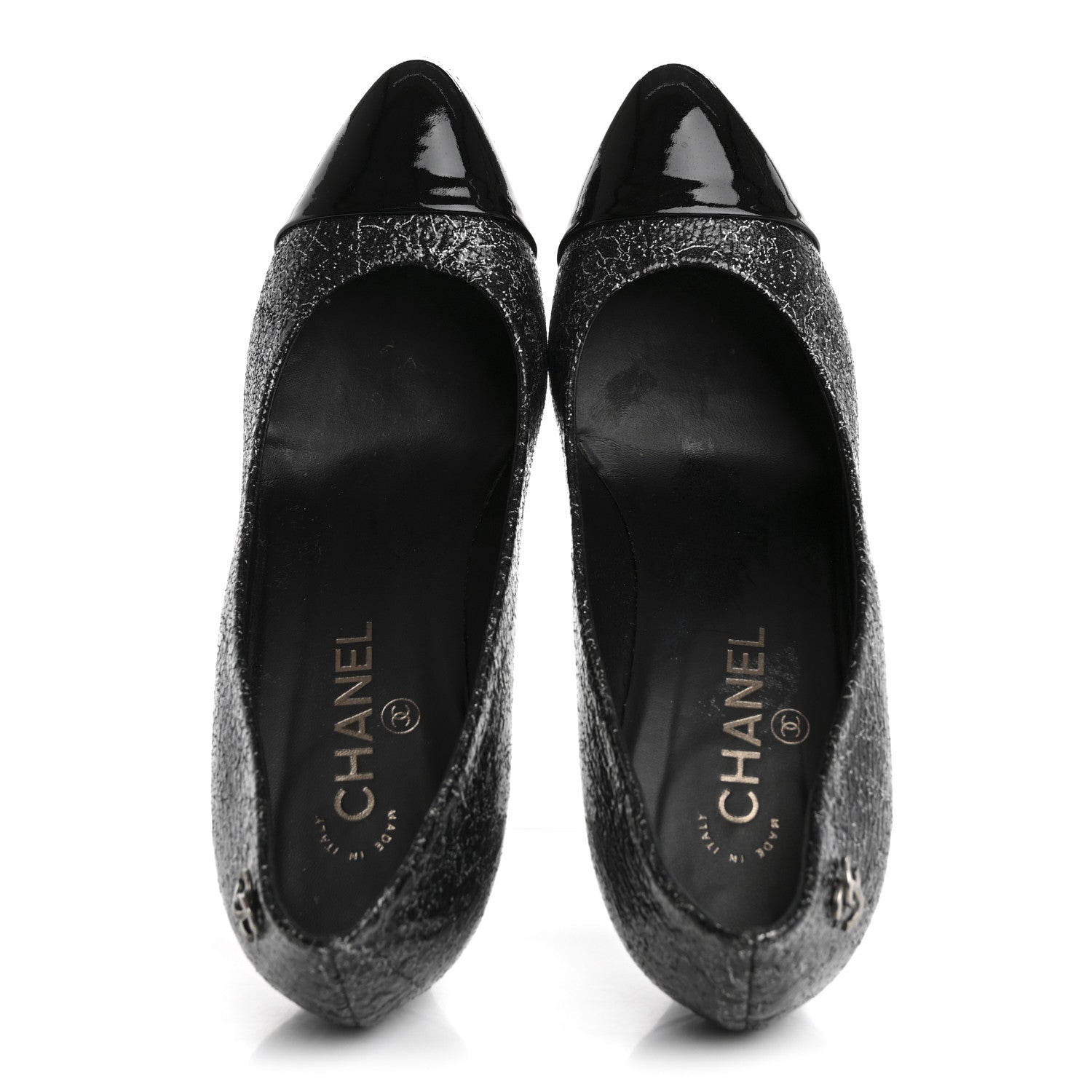 Metallic Crackled Calfskin Patent Cap Toe Pumps 41 Silver Black