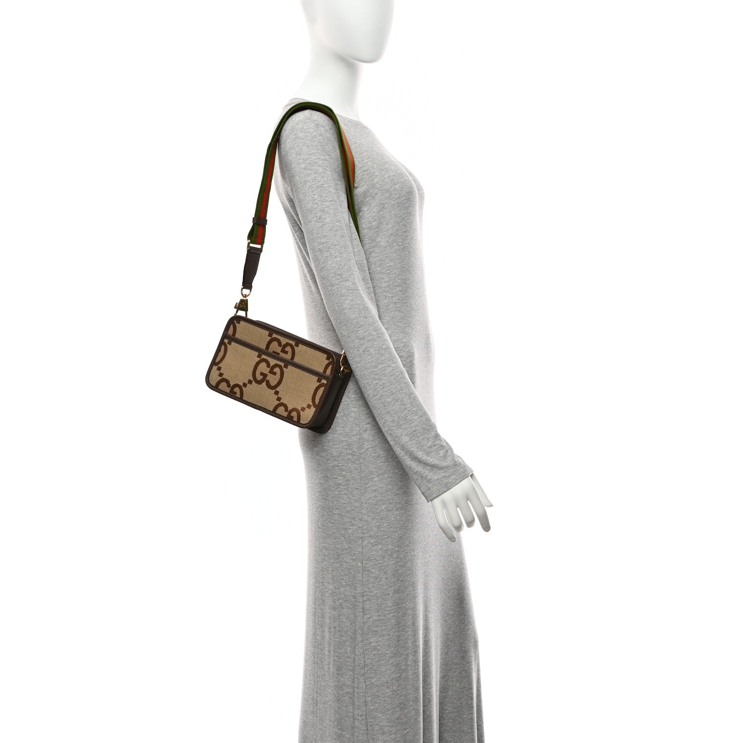 Gucci Monogram Jumbo GG Textured Dollar Calfskin Web Mini Crossbody Bag Camel Ebony New Acero