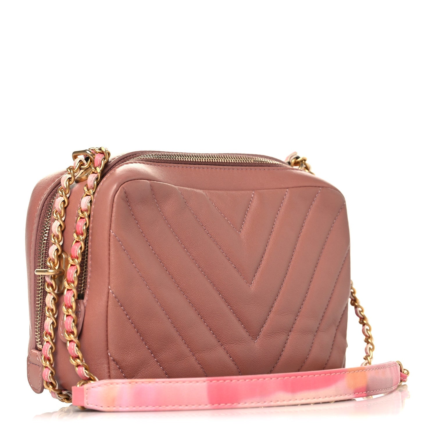 Chanel Lambskin Chevron Quilted Chain Around Camera Case Pink