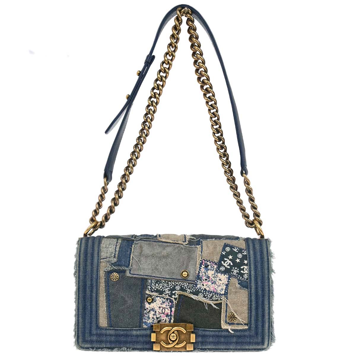 Boy Chanel Blue Denim Patchwork Medium Chain Shoulder Bag