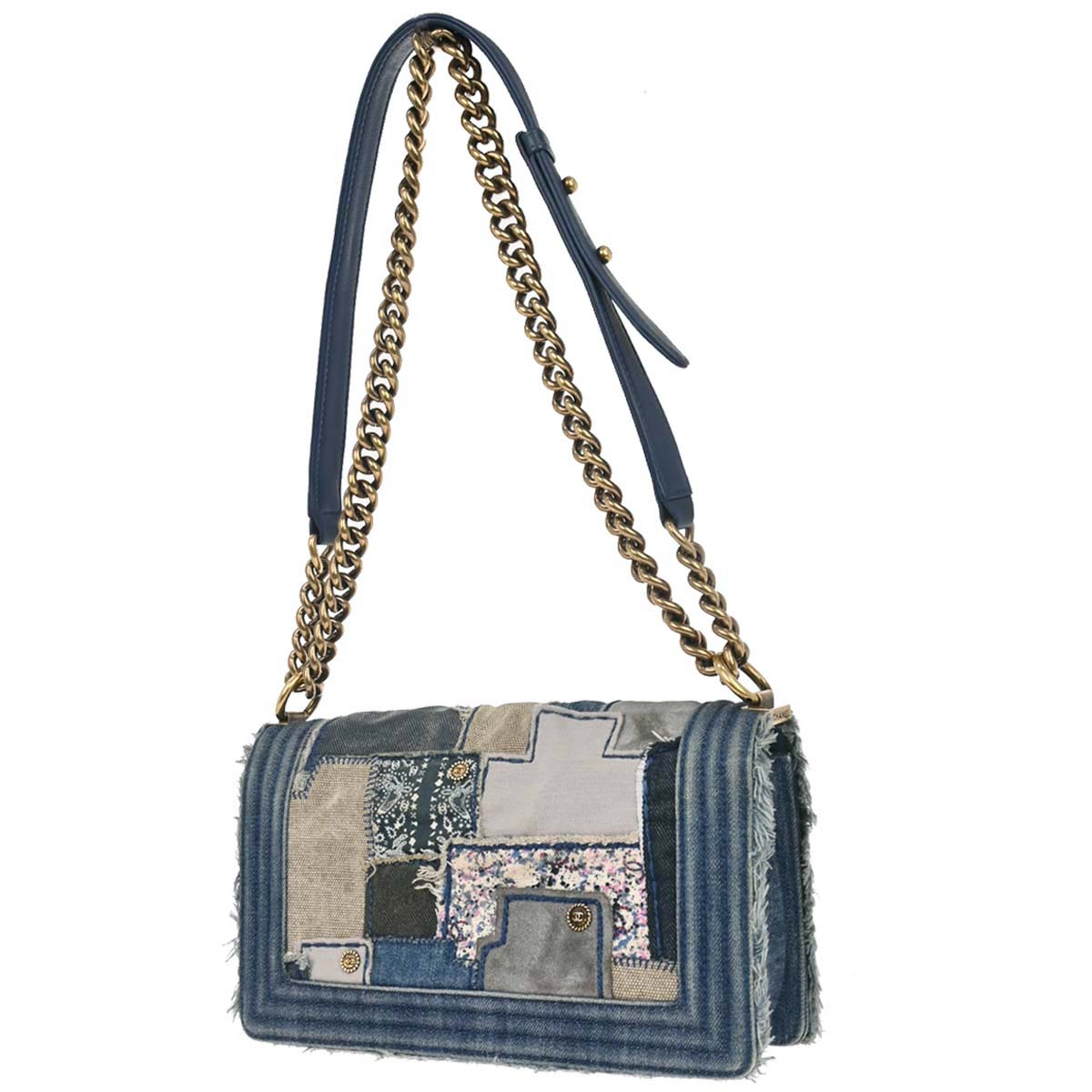 Boy Chanel Blue Denim Patchwork Medium Chain Shoulder Bag