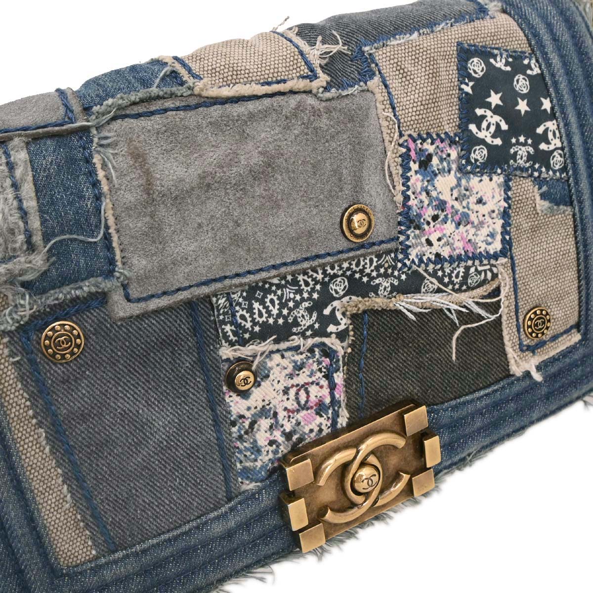 Boy Chanel Blue Denim Patchwork Medium Chain Shoulder Bag