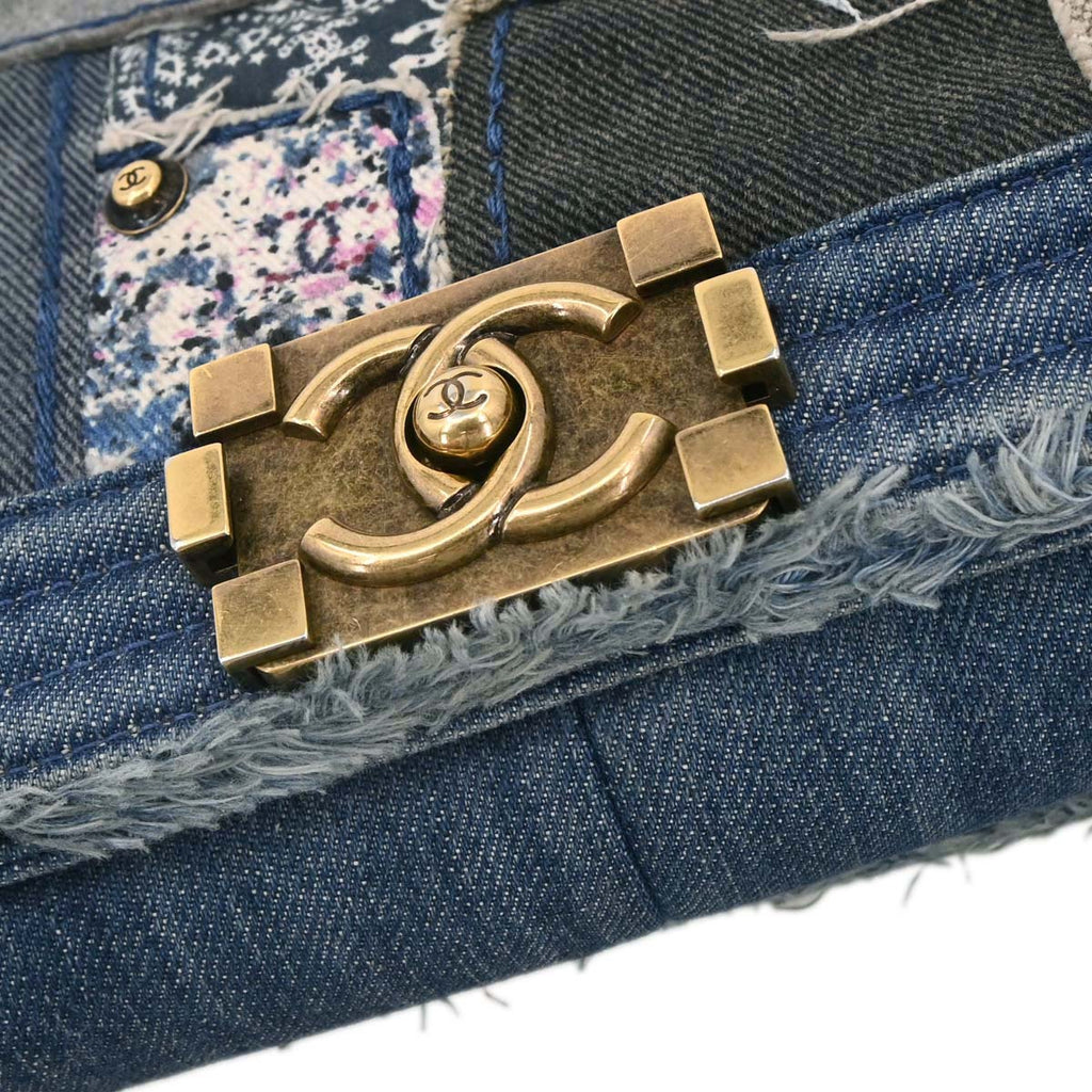 Boy Chanel Blue Denim Patchwork Medium Chain Shoulder Bag