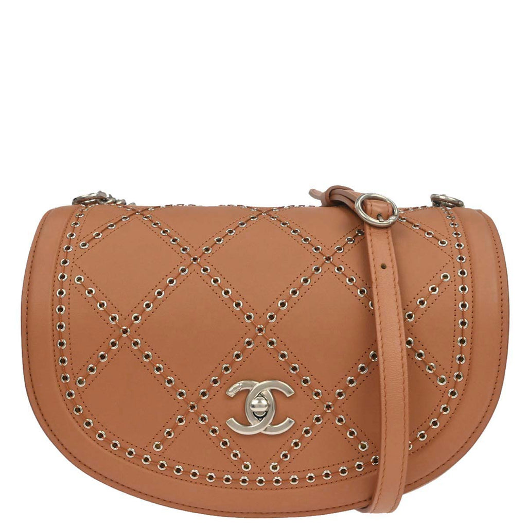 Chanel 2018 Brown Calfskin Coco Eyelets Round Flap Shoulder Bag