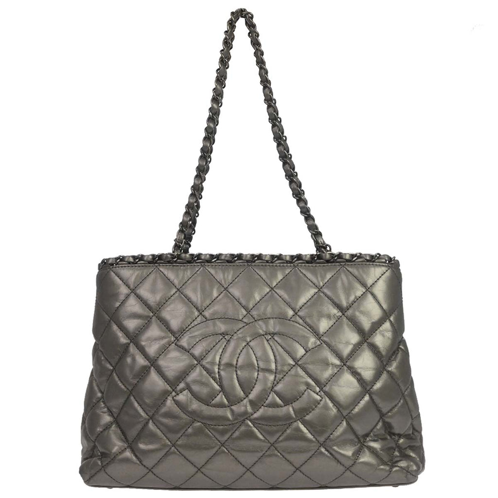 Chanel Metallic Silver Calfskin Chain Me Tote Handbag