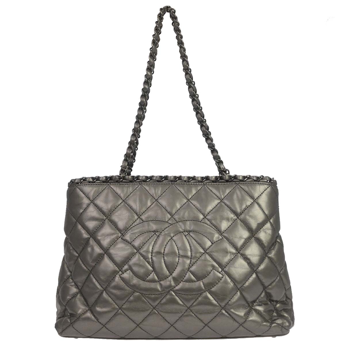 Chanel Metallic Silver Calfskin Chain Me Tote Handbag