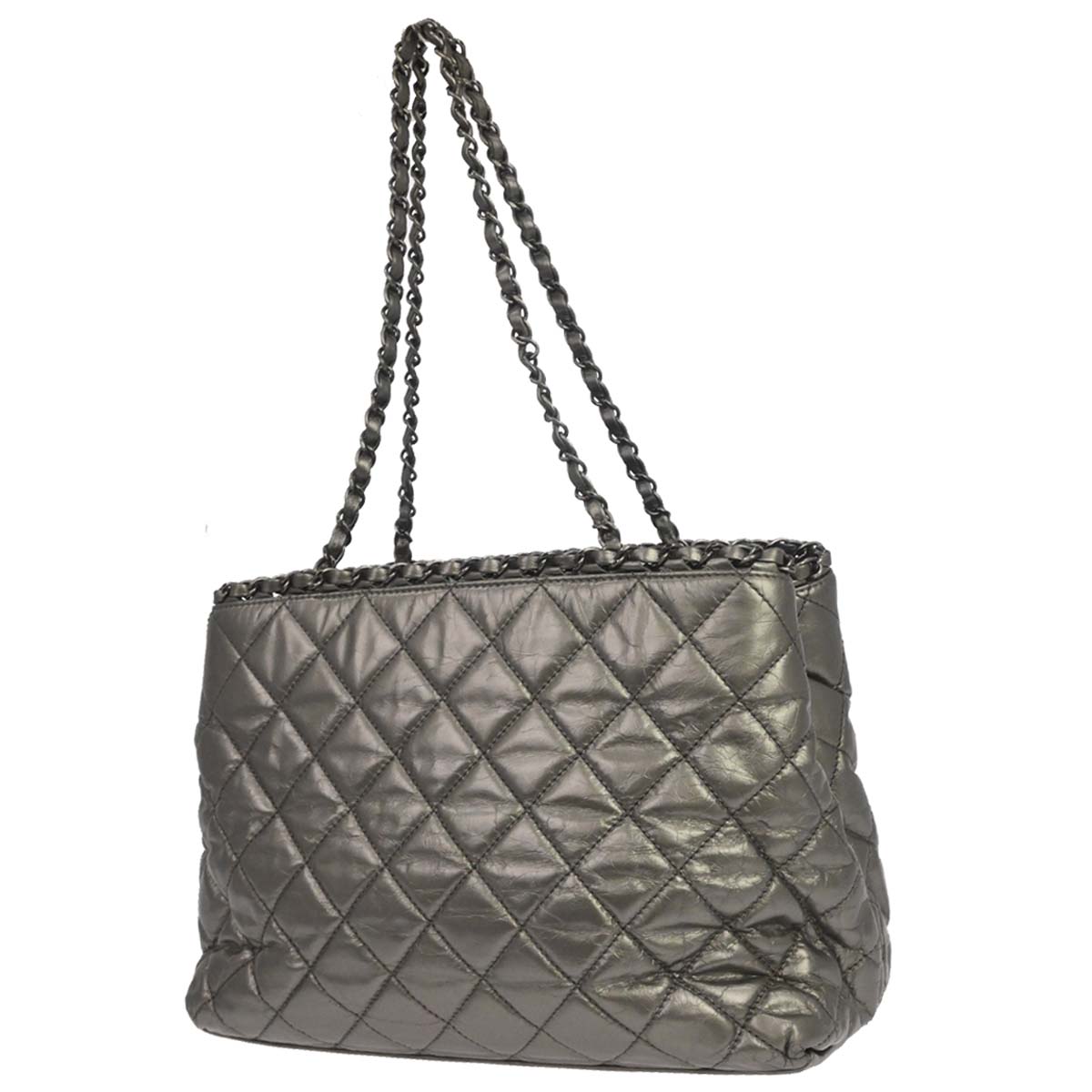 Chanel Metallic Silver Calfskin Chain Me Tote Handbag