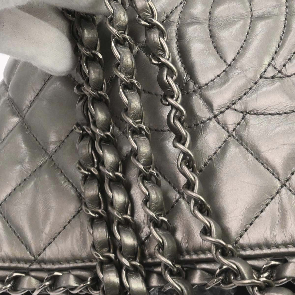 Chanel Metallic Silver Calfskin Chain Me Tote Handbag