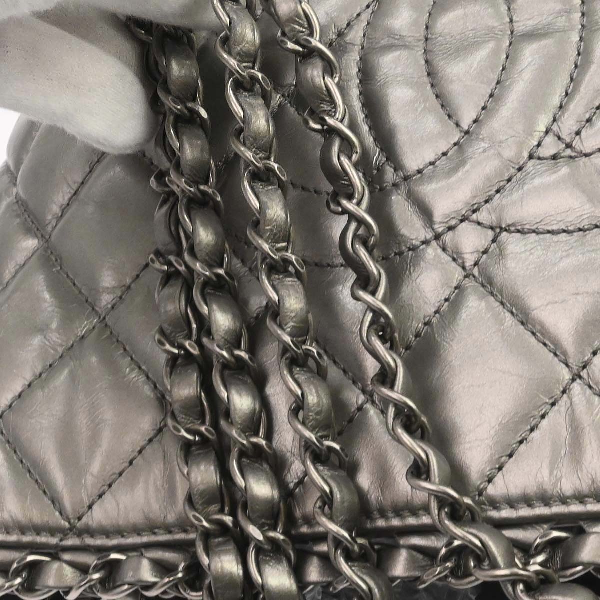 Chanel Metallic Silver Calfskin Chain Me Tote Handbag