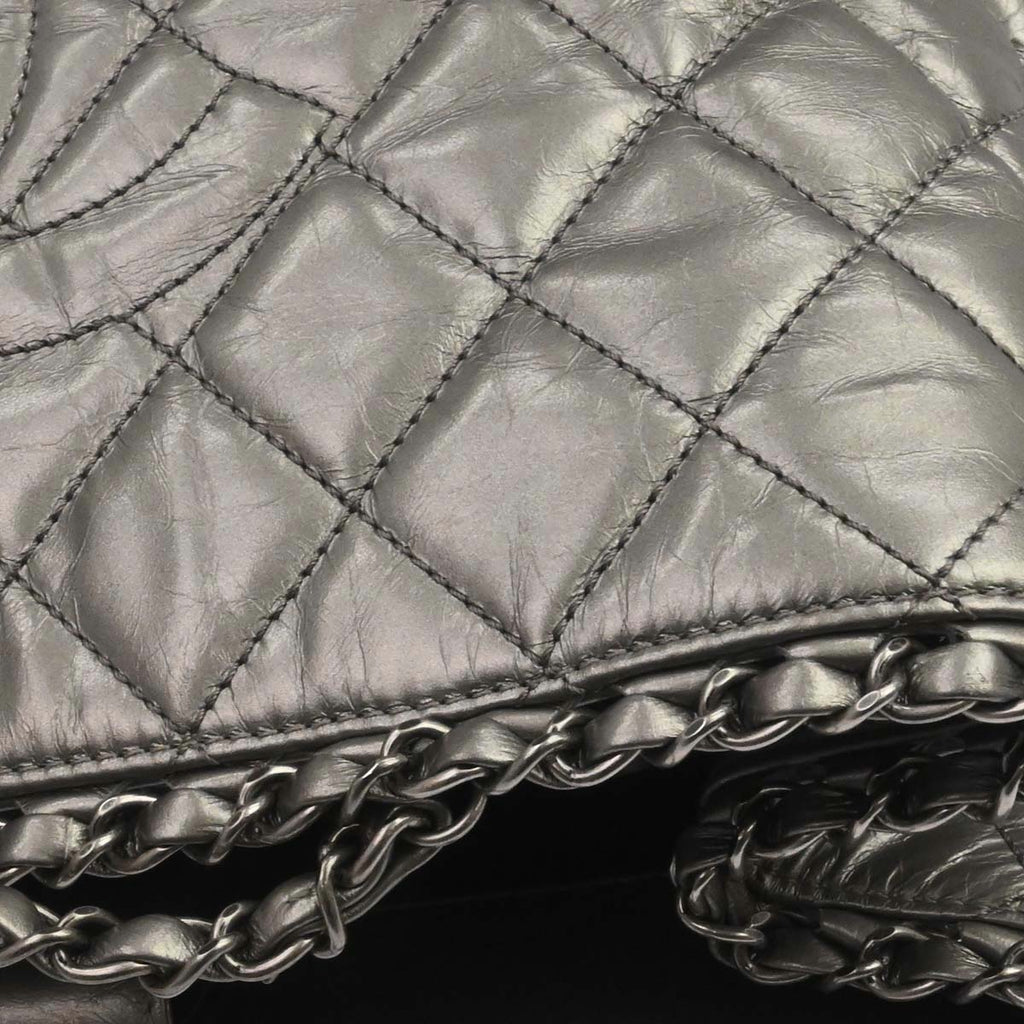 Chanel Metallic Silver Calfskin Chain Me Tote Handbag