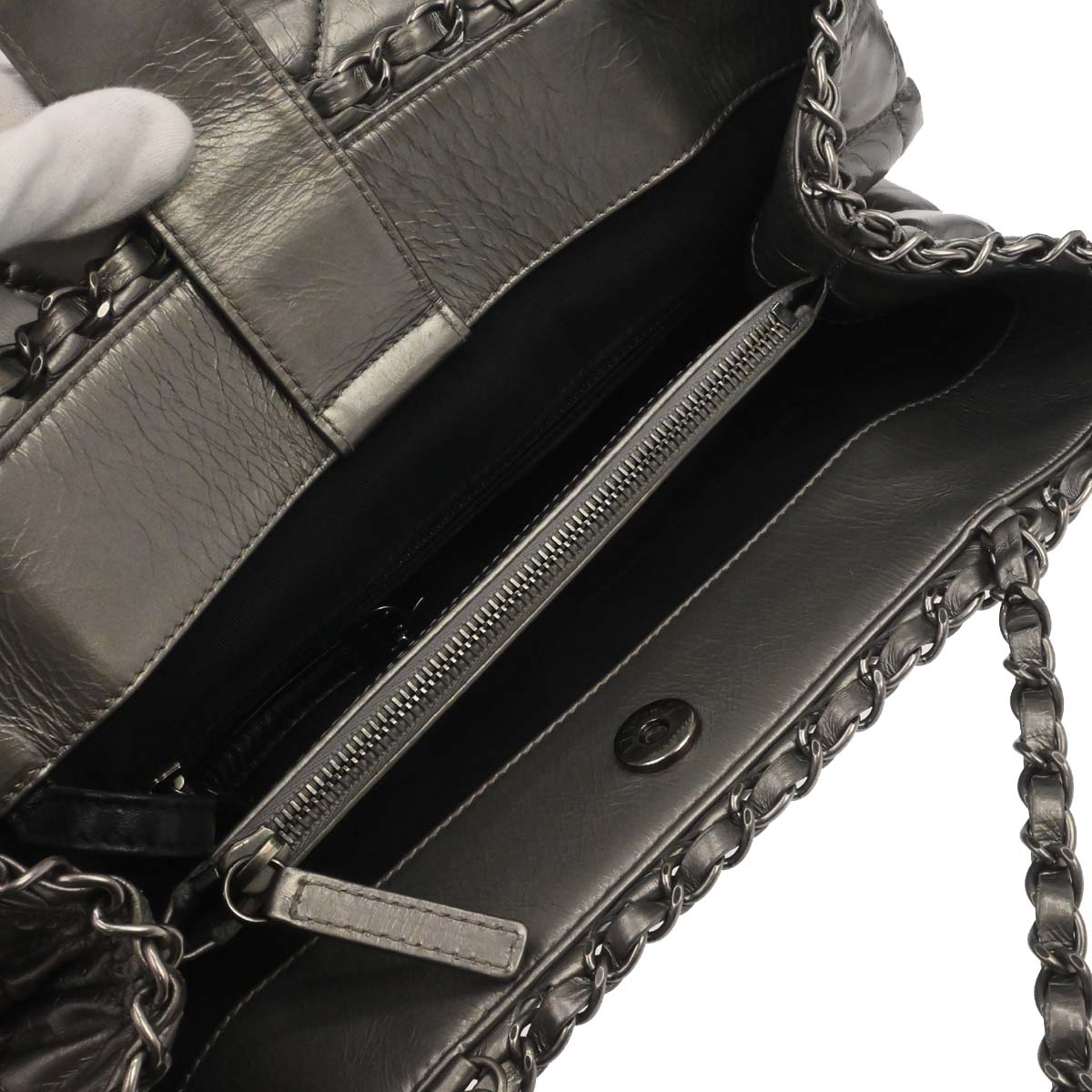 Chanel Metallic Silver Calfskin Chain Me Tote Handbag