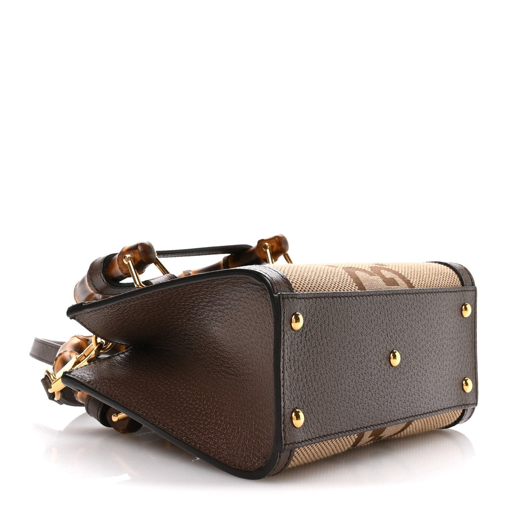 Gucci Monogram Jumbo GG Textured Dollar Calfskin Mini Diana Tote Bag Camel Ebony New Acero