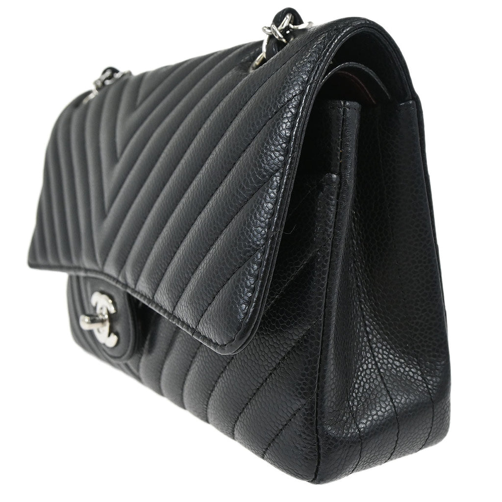 Chanel Black Caviar Skin Chevron Medium Classic Double Flap Shoulder Bag