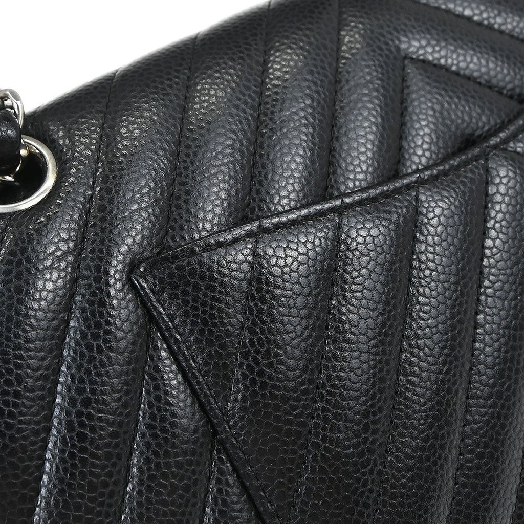 Chanel Black Caviar Skin Chevron Medium Classic Double Flap Shoulder Bag