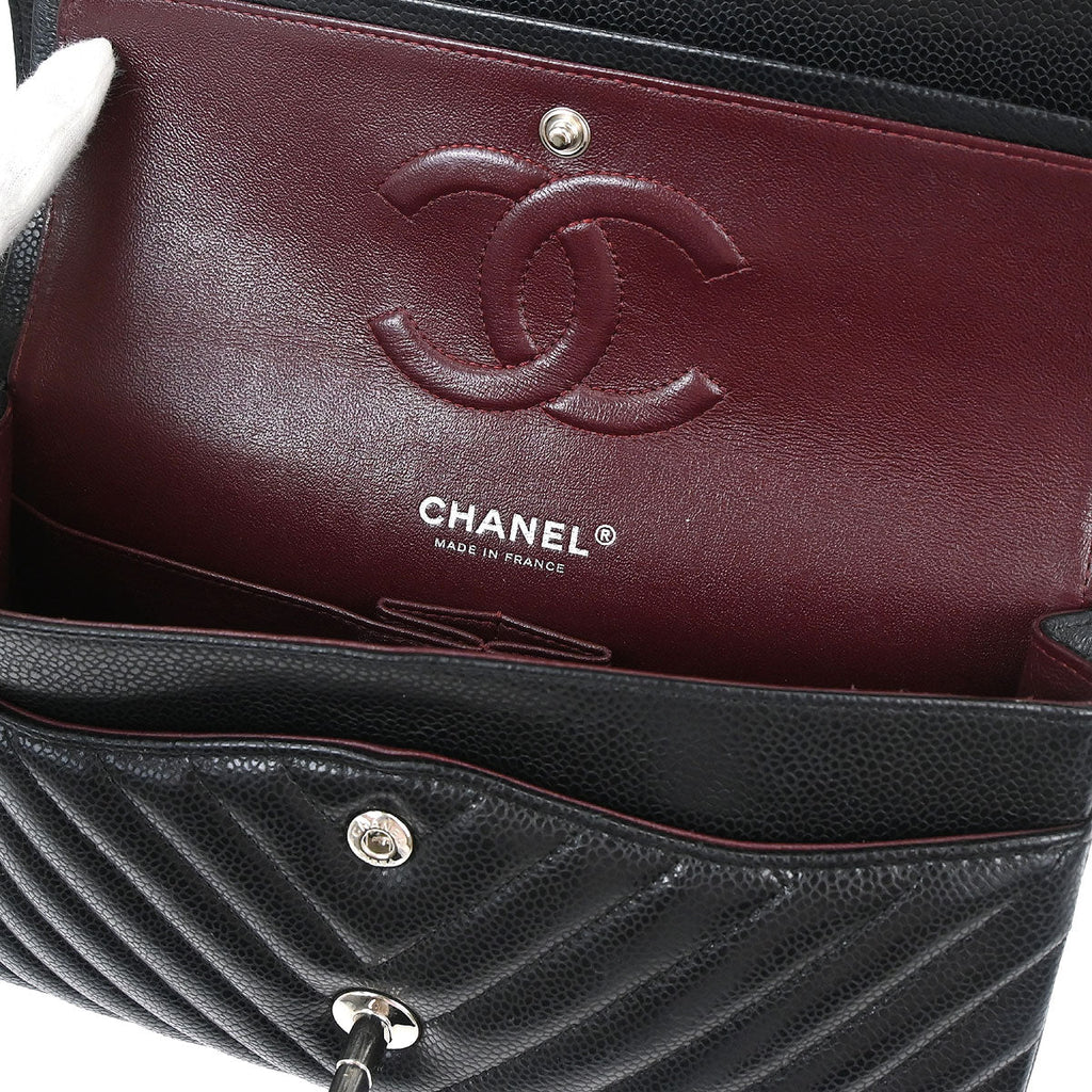 Chanel Black Caviar Skin Chevron Medium Classic Double Flap Shoulder Bag