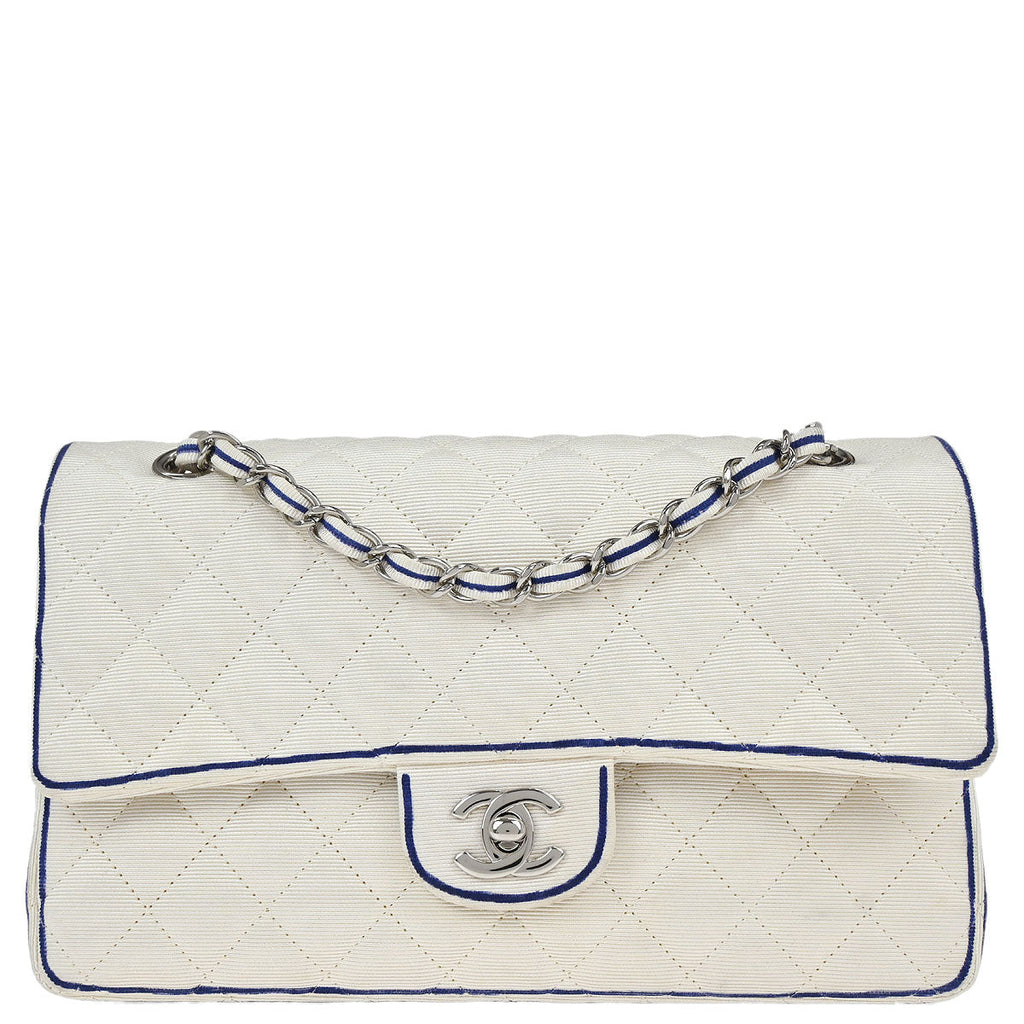 Chanel 2014 White Canvas Medium Classic Double Flap Shoulder Bag