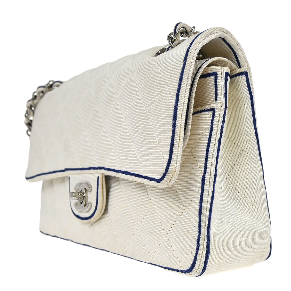 Chanel 2014 White Canvas Medium Classic Double Flap Shoulder Bag