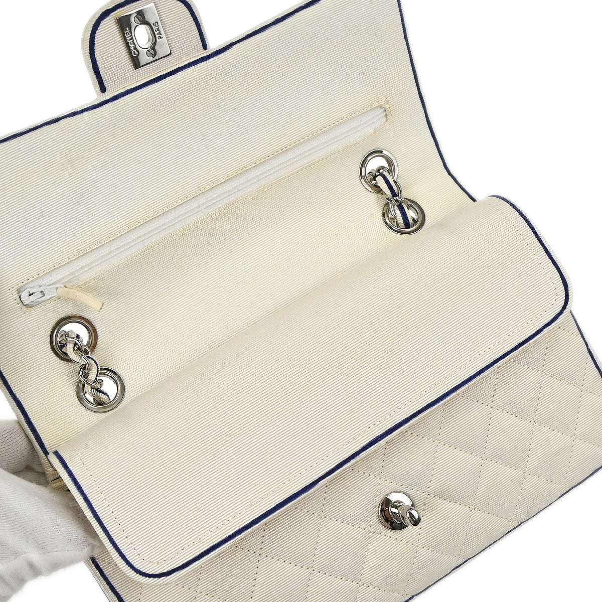 Chanel 2014 White Canvas Medium Classic Double Flap Shoulder Bag