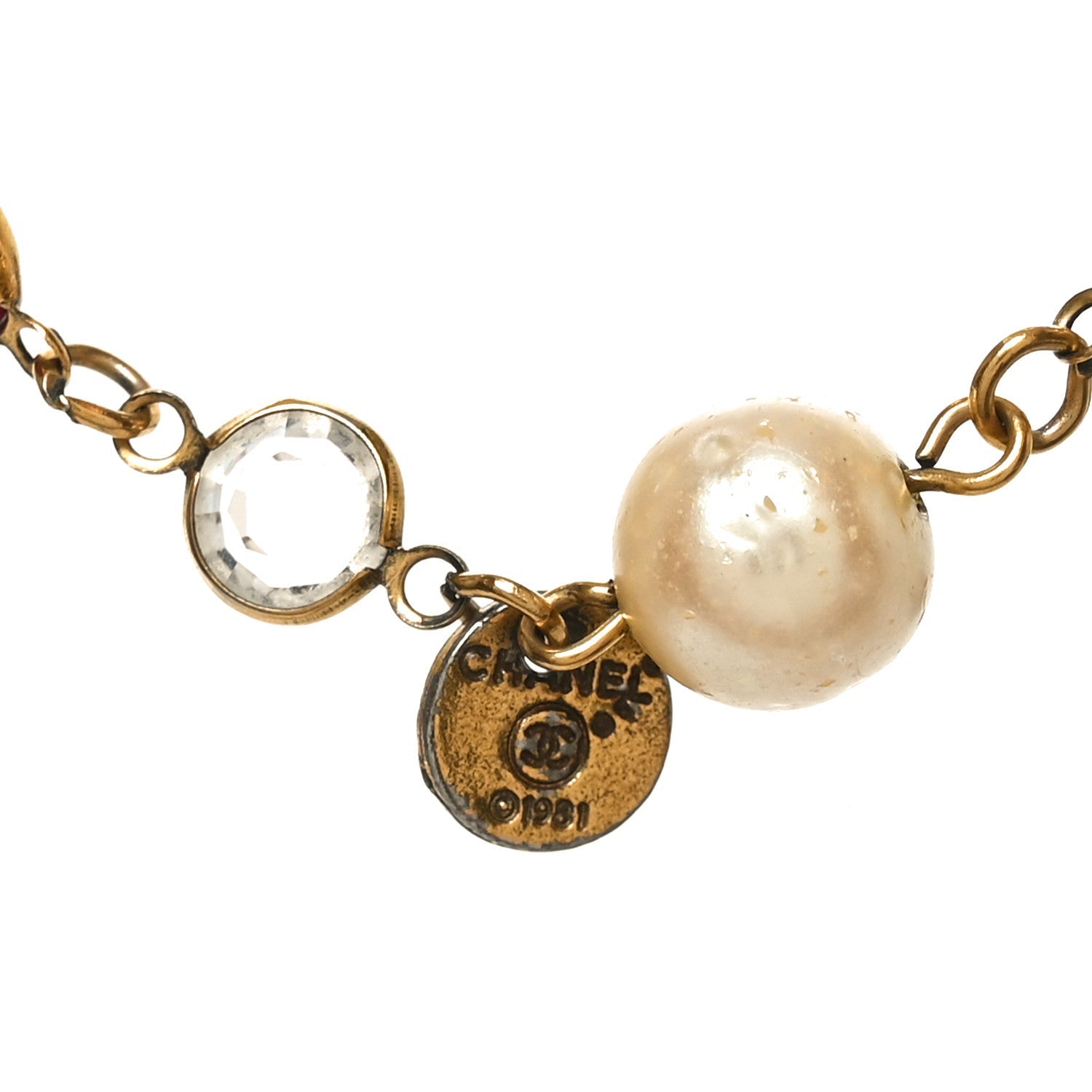 Crystal Pearl Chicklet Sautoir Necklace Red Gold