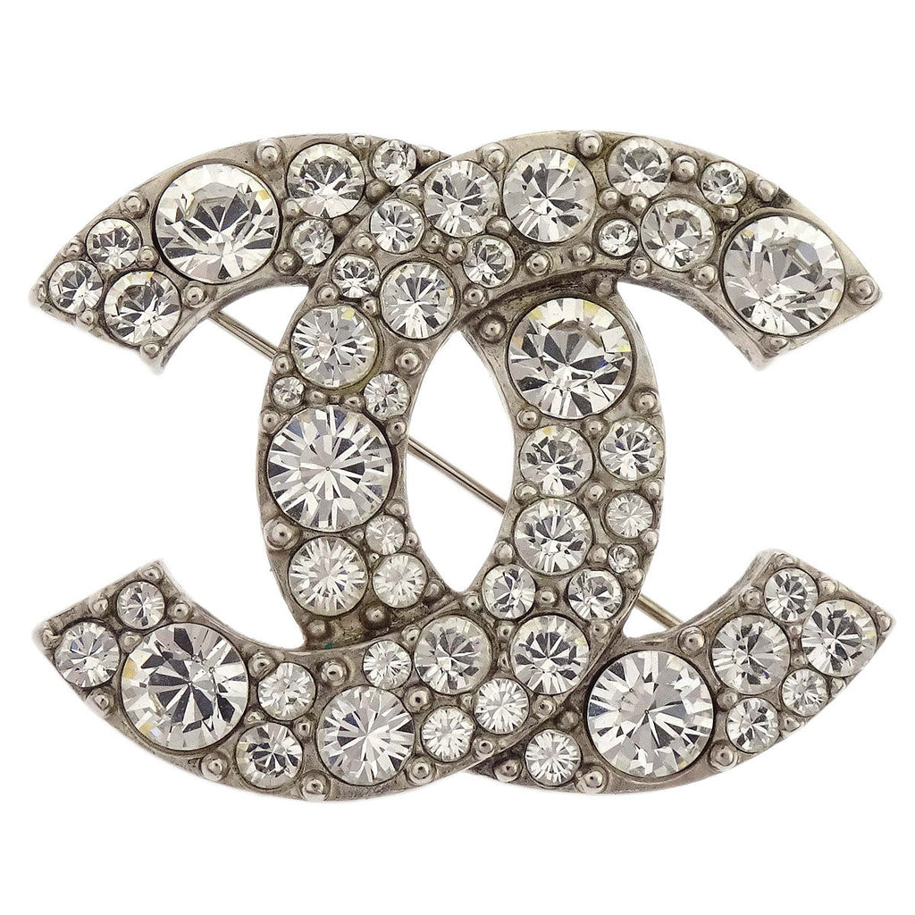 Chanel CC Rhinestone Brooch Pin Silver A12W