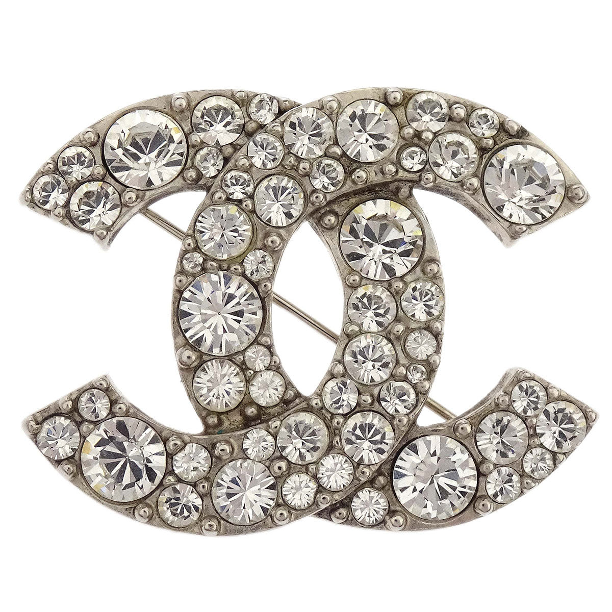 Chanel CC Rhinestone Brooch Pin Silver A12W