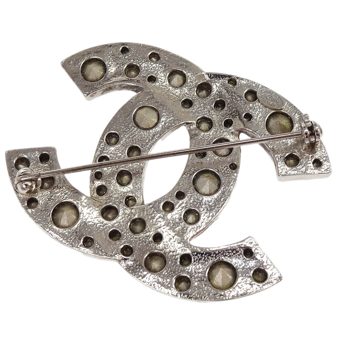 Chanel CC Rhinestone Brooch Pin Silver A12W