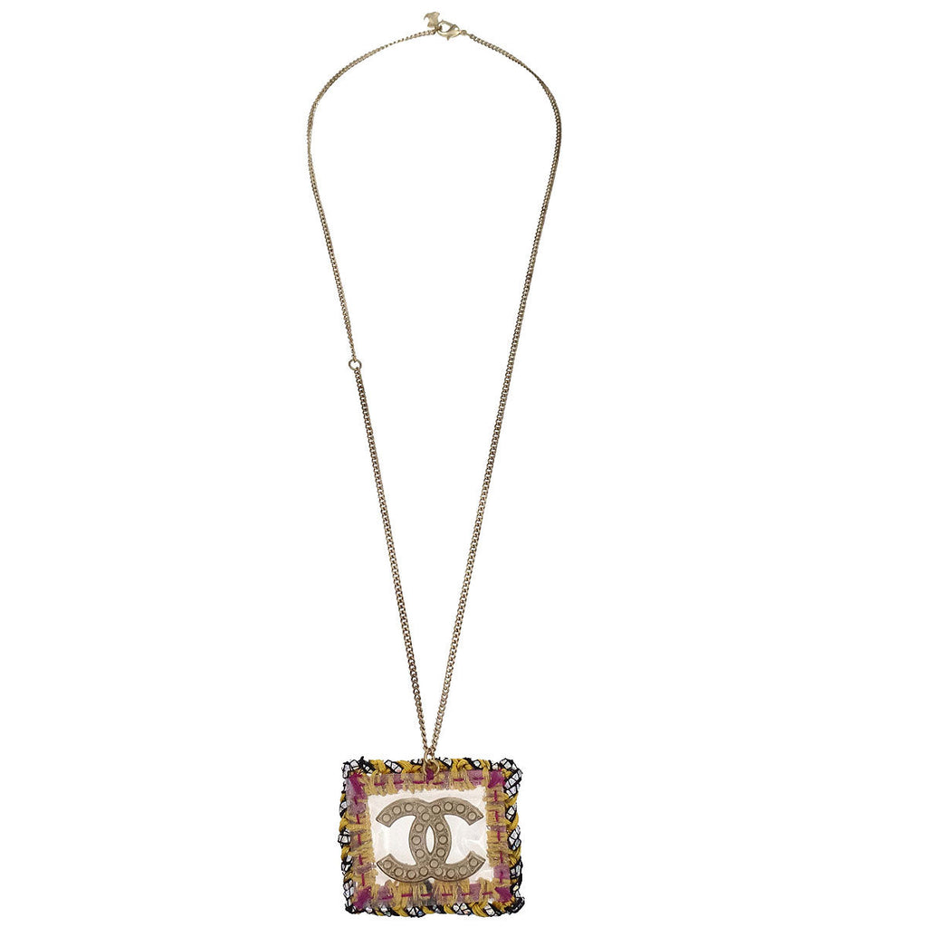 Chanel Charm CC Rectangle Gold Chain Necklace artificial pearl A14K