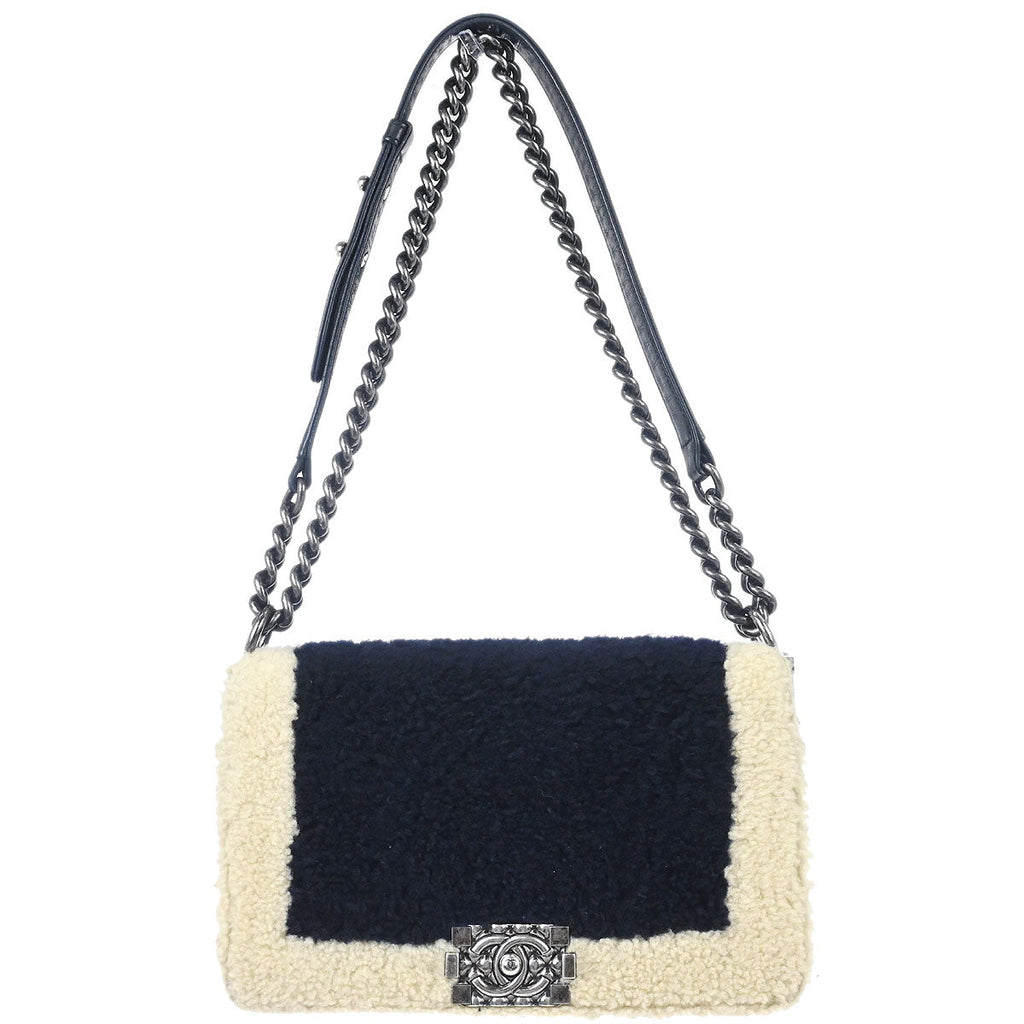 Boy Chanel 2015-2016 Black Shearling Medium Double Chain Shoulder Bag