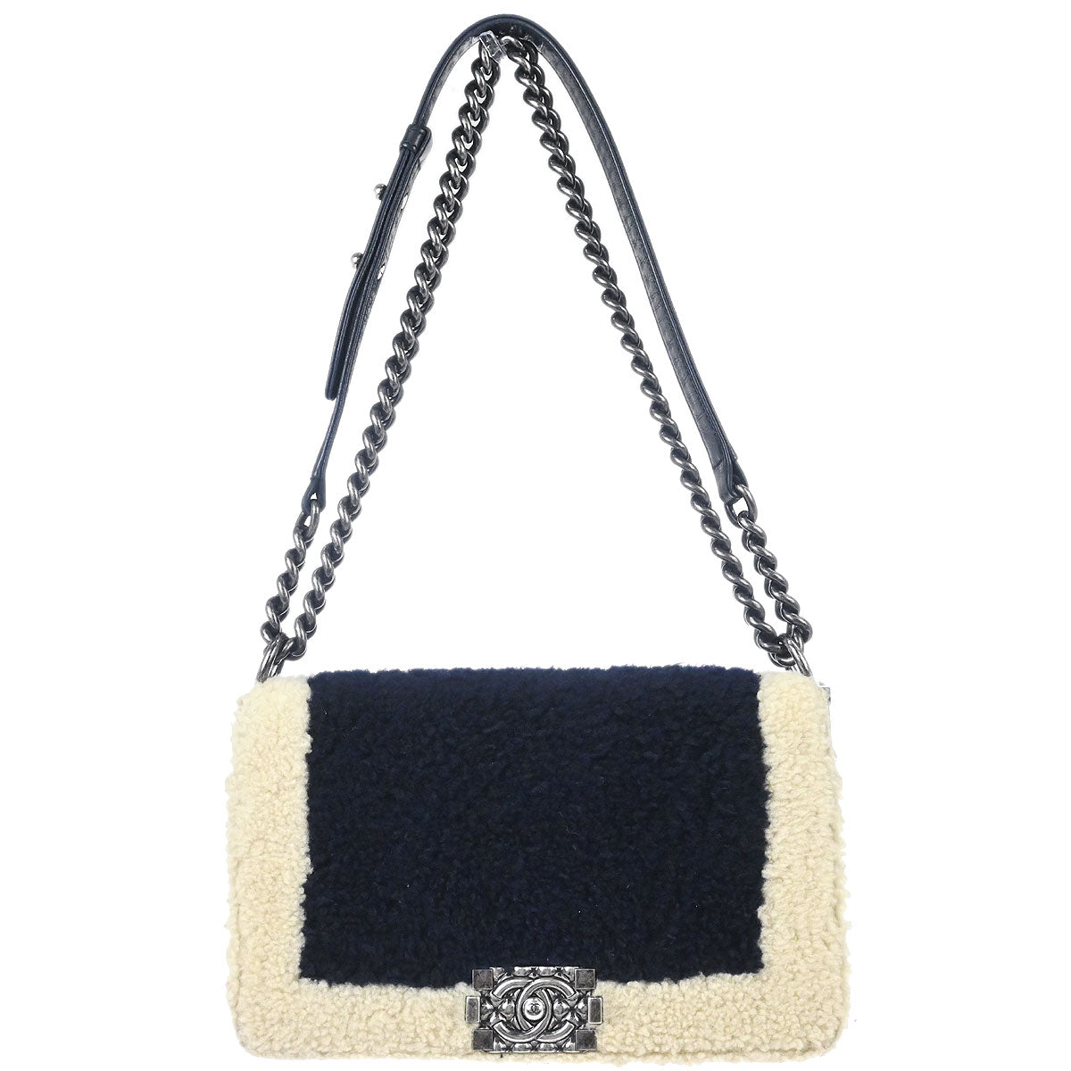 Boy Chanel 2015-2016 Black Shearling Medium Double Chain Shoulder Bag