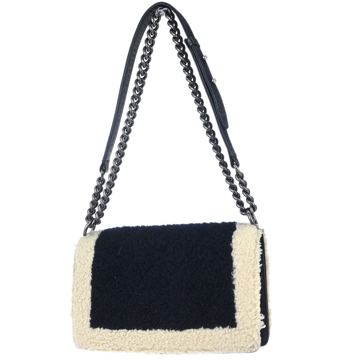 Boy Chanel 2015-2016 Black Shearling Medium Double Chain Shoulder Bag