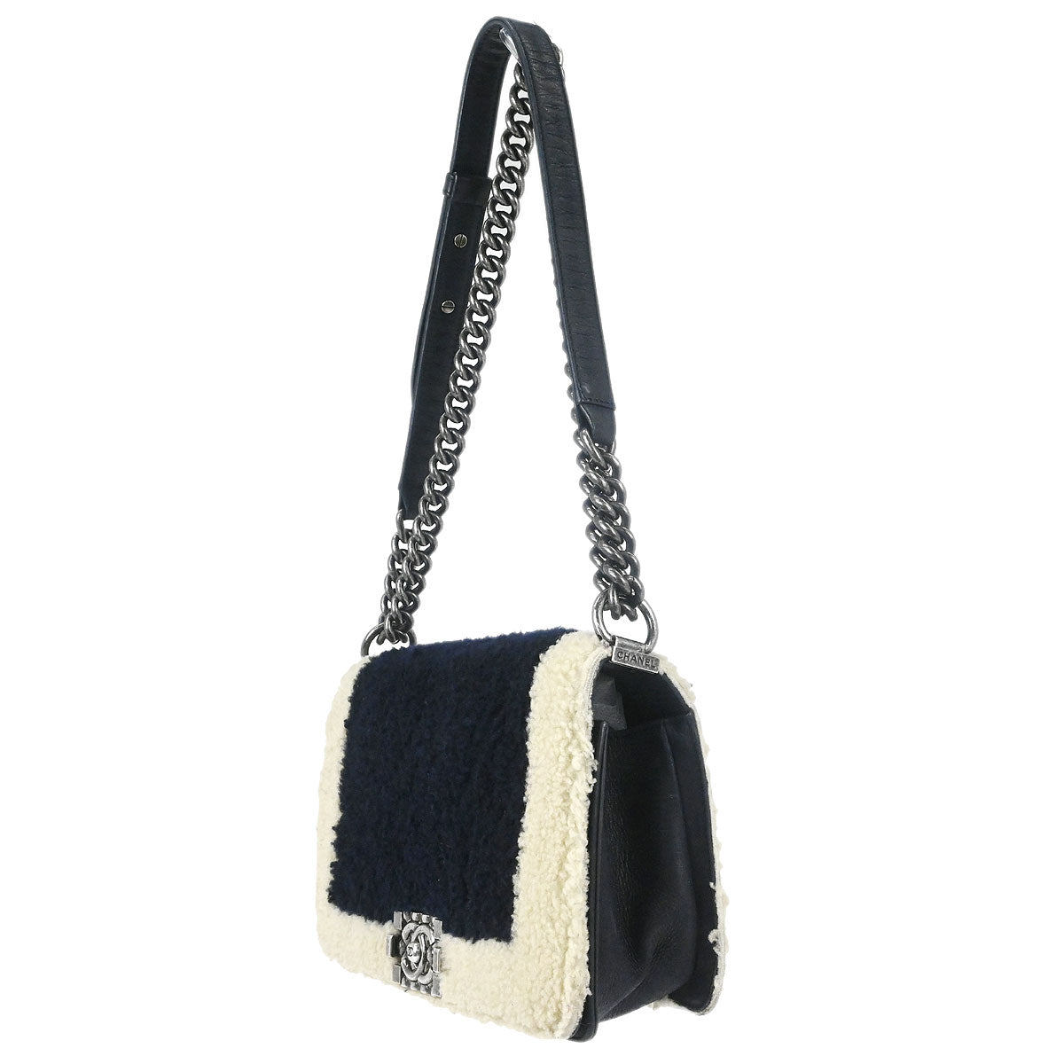 Boy Chanel 2015-2016 Black Shearling Medium Double Chain Shoulder Bag