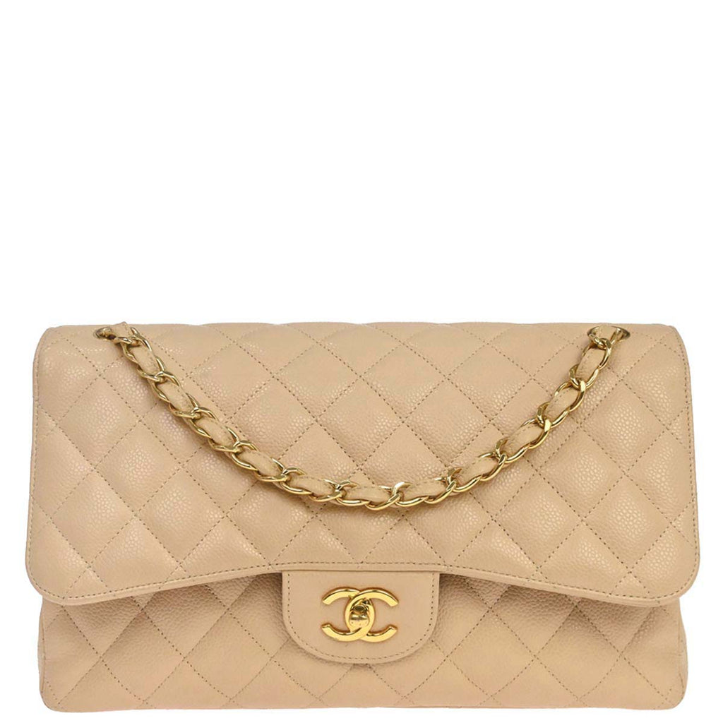 Chanel 2013-2014 Beige Caviar Skin Jumbo Classic Double Flap Shoulder Bag