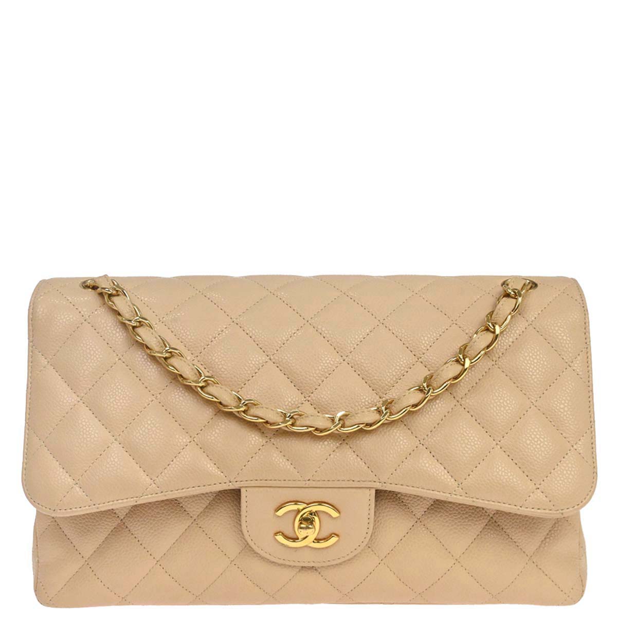 Chanel 2013-2014 Beige Caviar Skin Jumbo Classic Double Flap Shoulder Bag