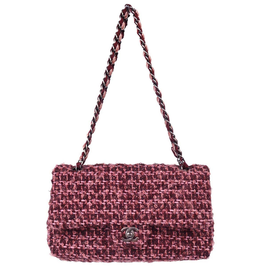 Chanel 2014-2015 Pink Tweed Medium Classic Double Flap Handbag